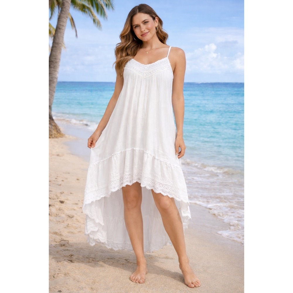 Billabong Designers Closet White Cotton Crochet Lace High Low Boho Dress Large